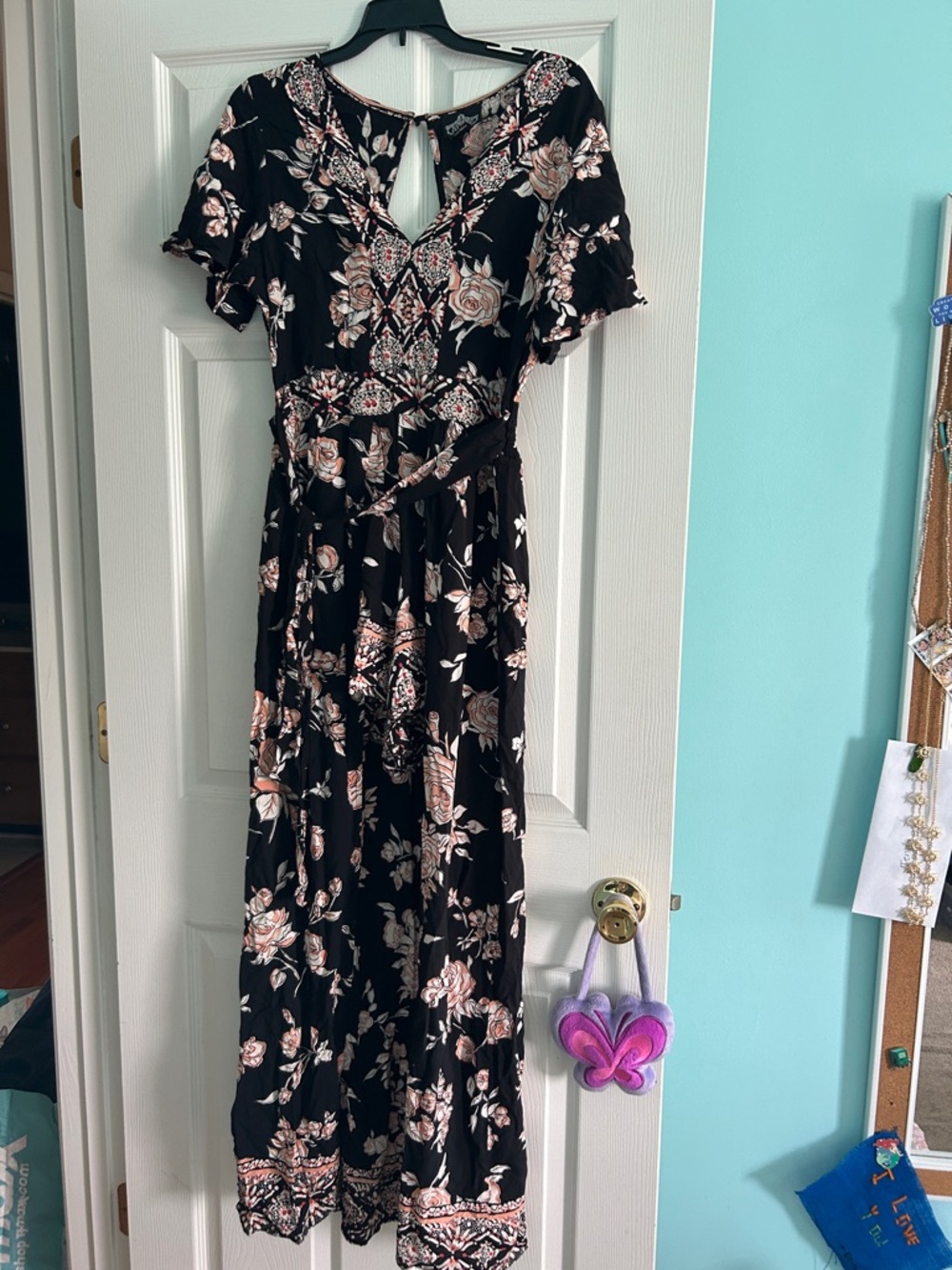 Angie Black Floral Jumpsuit with Pink and Cream Roses